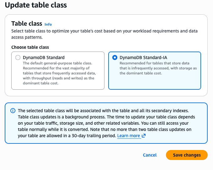DynamoDB Storage Classes – How to fix?