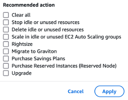 Cost Optimization Hub – Liste des types de ressources et actions recommandées :