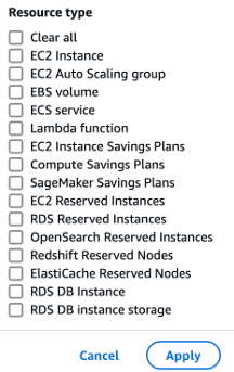 Cost Optimization Hub – Liste des types de ressources et actions recommandées :