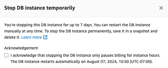 Instances RDS – Arrêter temporairement la base de données :